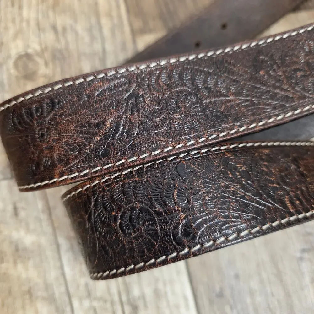 Leather Tooled Belt Brown Size 44 Western Cowboy No Buckle